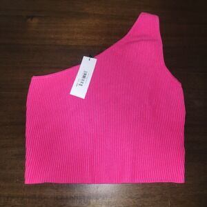 The Drop One Shoulder Hot Pink Ribbed Sleeveless Crop Top - Size S